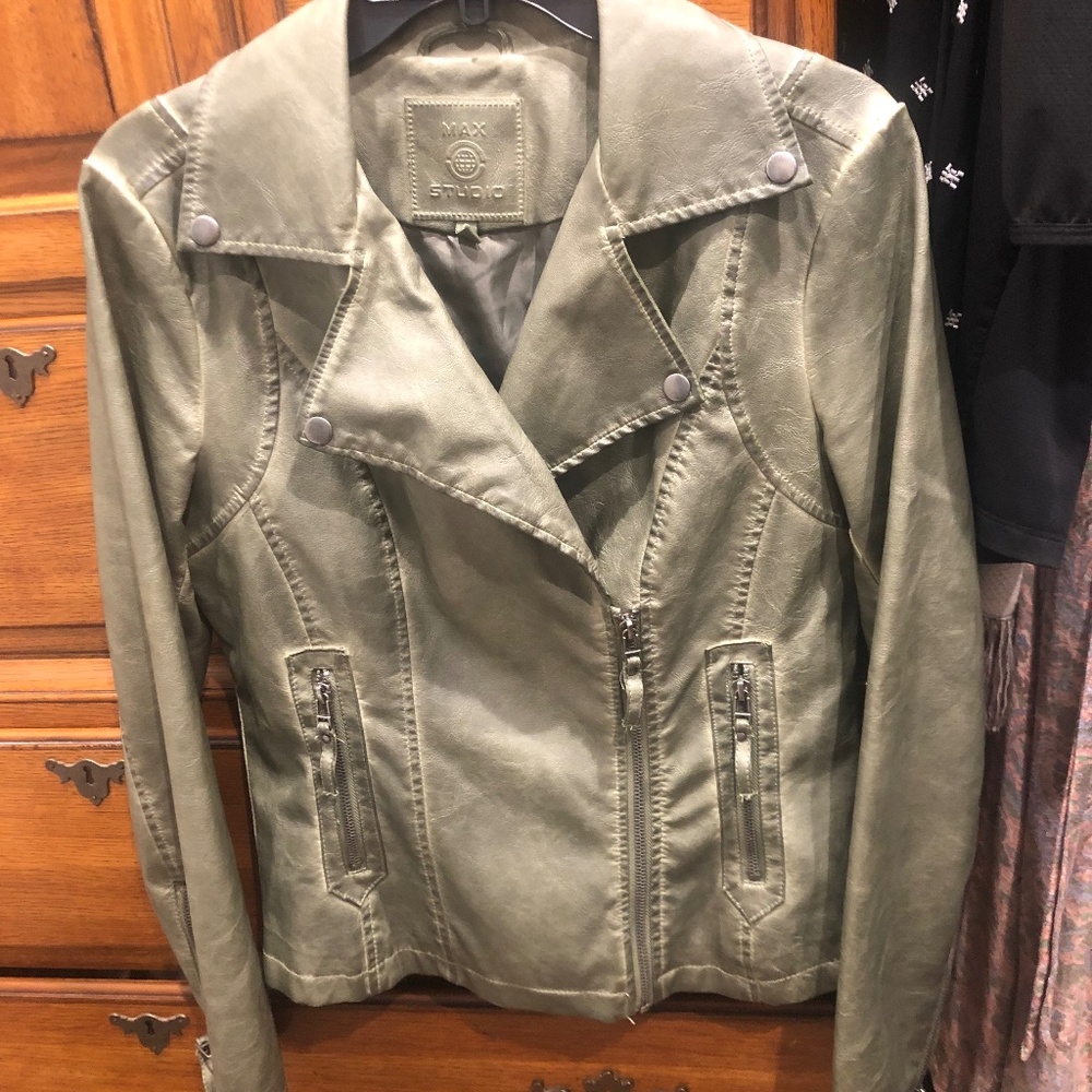 Max Studio Olive Faux Leather Moto Style Jacket